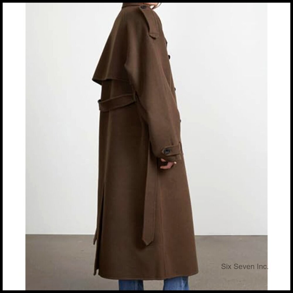 Wool Blend Trench Coat Double Breasted Belted Maxi Length Winter Warm - Picture 4 of 5